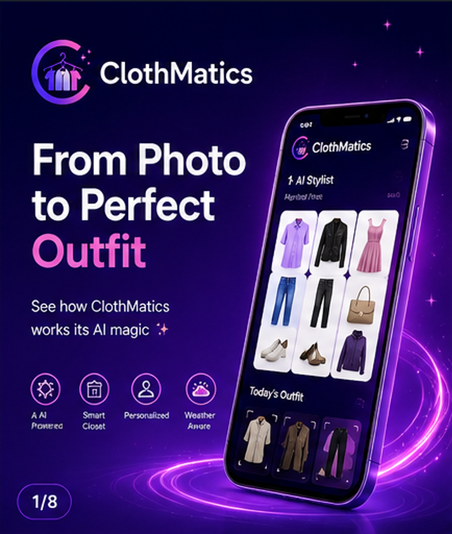 ClothMatics promotional overview showing the AI wardrobe app